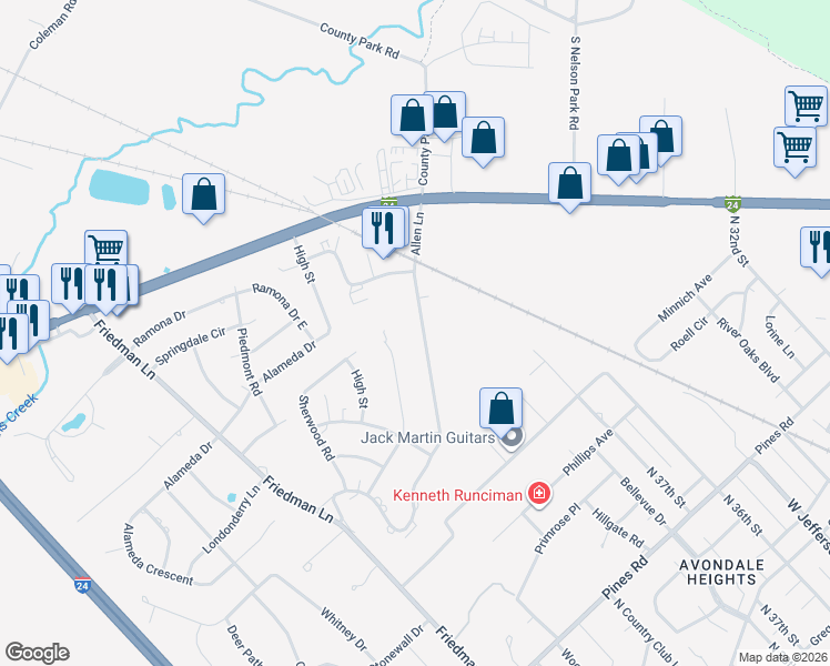 map of restaurants, bars, coffee shops, grocery stores, and more near 1263 Allen Lane in Paducah
