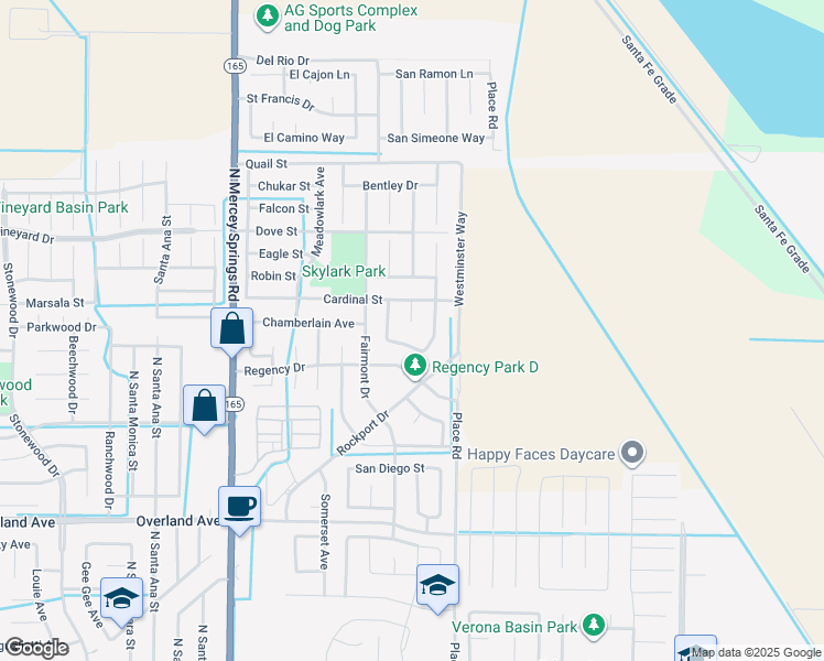 map of restaurants, bars, coffee shops, grocery stores, and more near 24 Langley Court in Los Banos