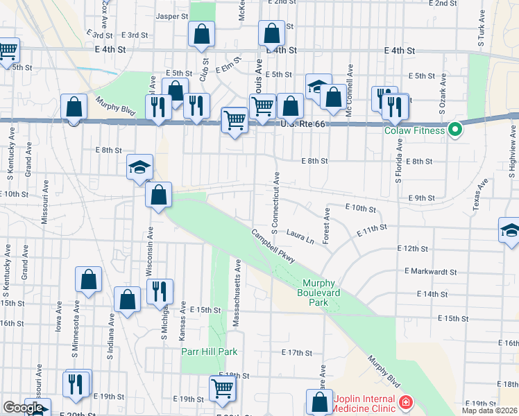 map of restaurants, bars, coffee shops, grocery stores, and more near 1807 Campbell Parkway in Joplin