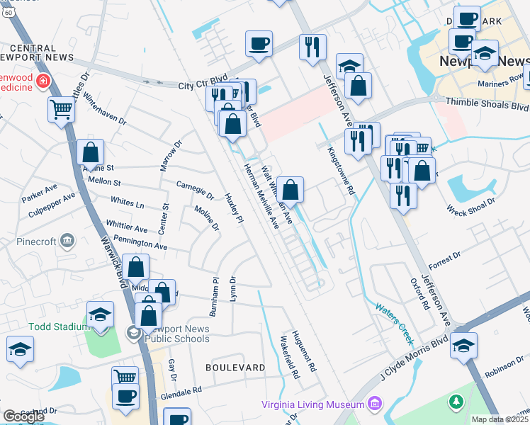 map of restaurants, bars, coffee shops, grocery stores, and more near 285 Herman Melville Avenue in Newport News