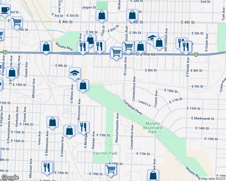 map of restaurants, bars, coffee shops, grocery stores, and more near 1701 Campbell Parkway in Joplin