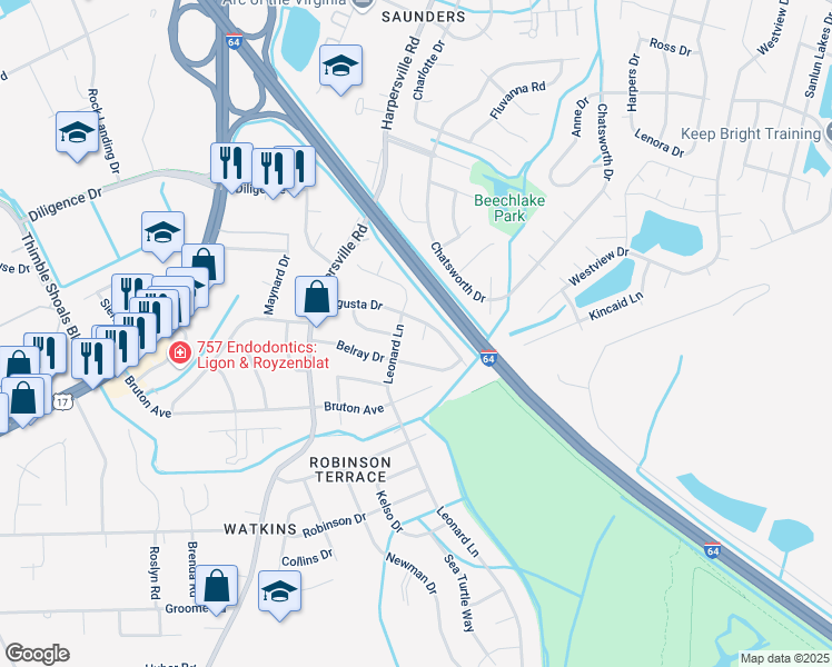 map of restaurants, bars, coffee shops, grocery stores, and more near 722 Leonard Lane in Newport News