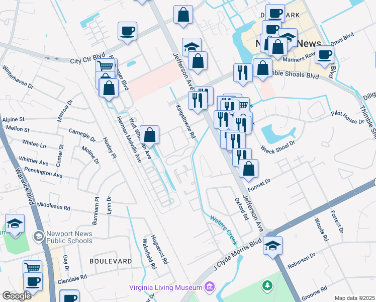 map of restaurants, bars, coffee shops, grocery stores, and more near 505 Oscar Loop in Newport News