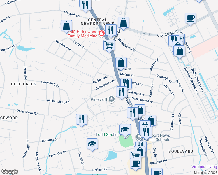 map of restaurants, bars, coffee shops, grocery stores, and more near 23 Deep Creek Rd in Newport News