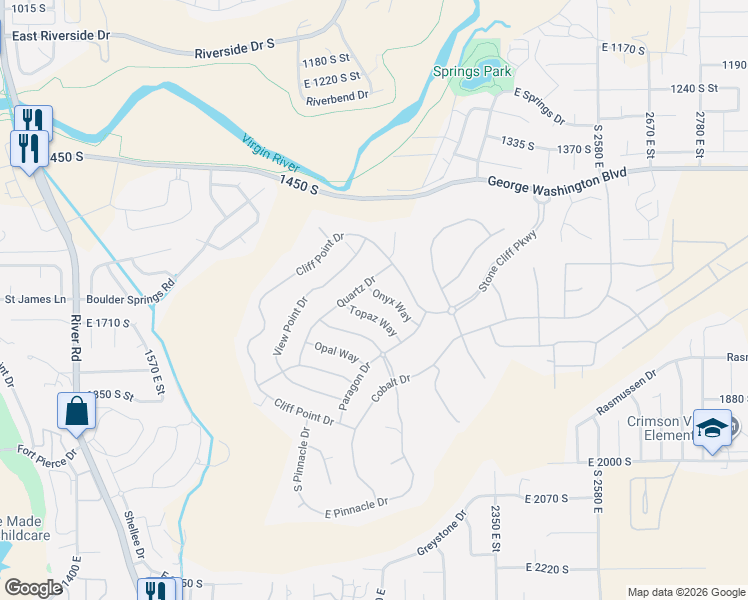 map of restaurants, bars, coffee shops, grocery stores, and more near 2095 Onyx Way in St. George