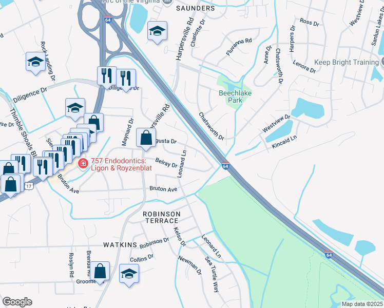 map of restaurants, bars, coffee shops, grocery stores, and more near 722 Leonard Lane in Newport News