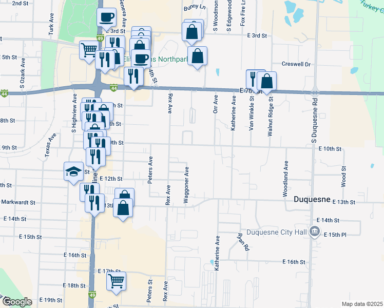 map of restaurants, bars, coffee shops, grocery stores, and more near 3410-3418 East 10th Street in Joplin
