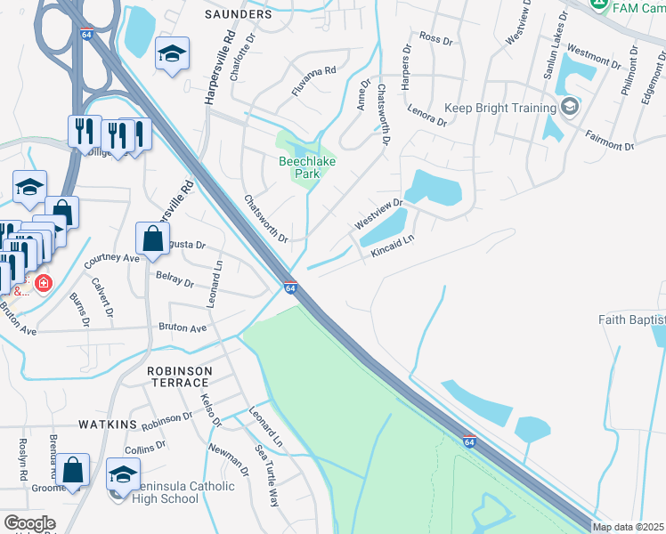 map of restaurants, bars, coffee shops, grocery stores, and more near 114 Kincaid Lane in Hampton