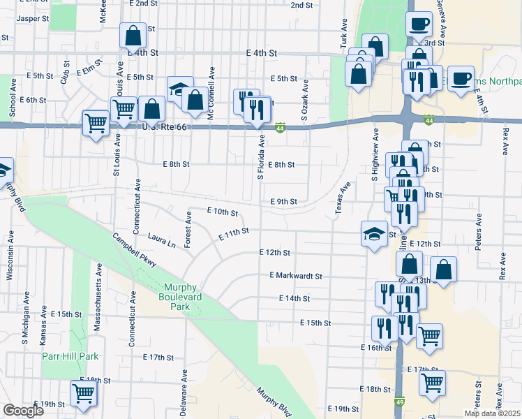 map of restaurants, bars, coffee shops, grocery stores, and more near 942 Florida Avenue in Joplin