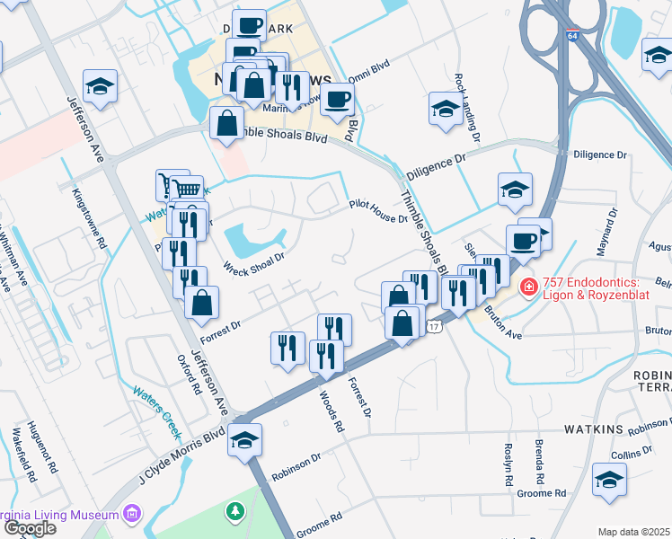 map of restaurants, bars, coffee shops, grocery stores, and more near 122 Nantucket Place in Newport News