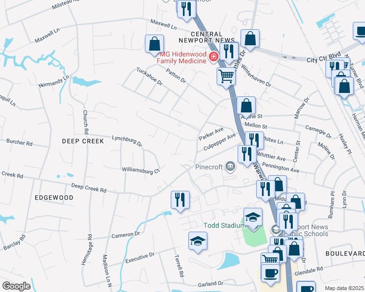 map of restaurants, bars, coffee shops, grocery stores, and more near 4 Ferndale Drive in Newport News