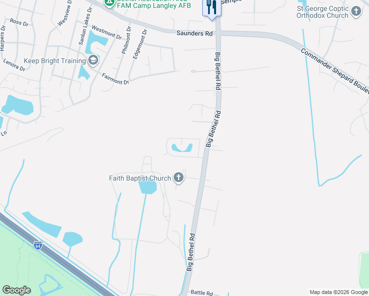 map of restaurants, bars, coffee shops, grocery stores, and more near 4 Longleaf Court in Hampton
