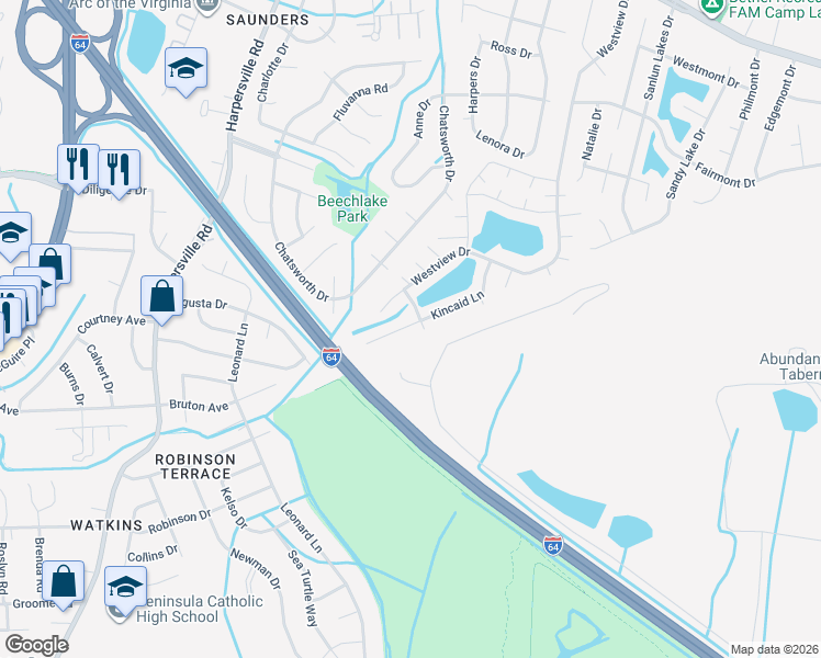 map of restaurants, bars, coffee shops, grocery stores, and more near 104 Kincaid Lane in Hampton