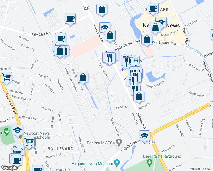 map of restaurants, bars, coffee shops, grocery stores, and more near 145 Candlewood Way in Newport News