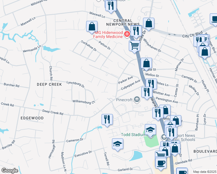 map of restaurants, bars, coffee shops, grocery stores, and more near 4 Ferndale Drive in Newport News