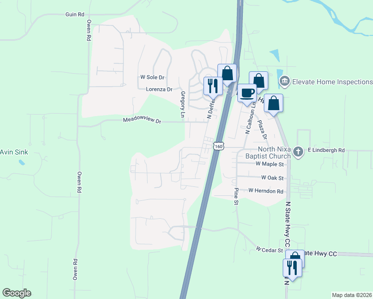 map of restaurants, bars, coffee shops, grocery stores, and more near 668 Meadowridge Drive in Nixa
