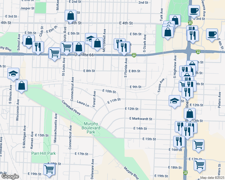 map of restaurants, bars, coffee shops, grocery stores, and more near 2407 East 10th Street in Joplin
