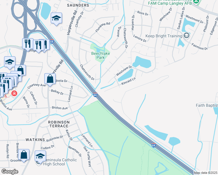 map of restaurants, bars, coffee shops, grocery stores, and more near 114 Kincaid Lane in Hampton