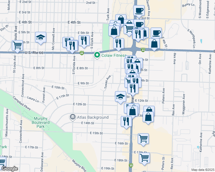 map of restaurants, bars, coffee shops, grocery stores, and more near 1007 Texas Avenue in Joplin