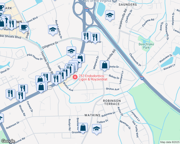 map of restaurants, bars, coffee shops, grocery stores, and more near 32 Courtney Avenue in Newport News