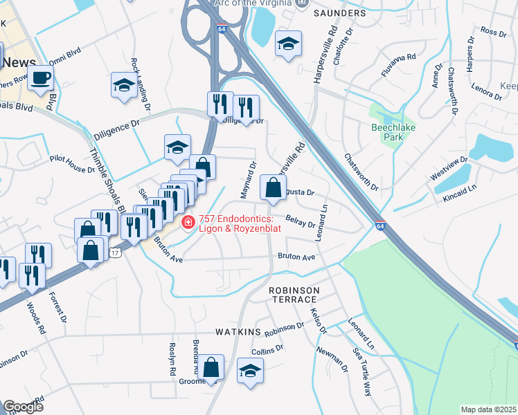 map of restaurants, bars, coffee shops, grocery stores, and more near 48 Courtney Avenue in Newport News