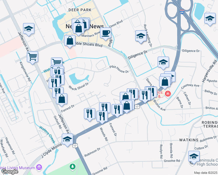 map of restaurants, bars, coffee shops, grocery stores, and more near 134 Nantucket Place in Newport News