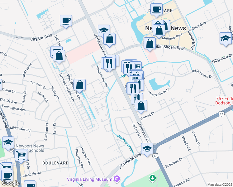 map of restaurants, bars, coffee shops, grocery stores, and more near 11719 Jefferson Avenue in Newport News