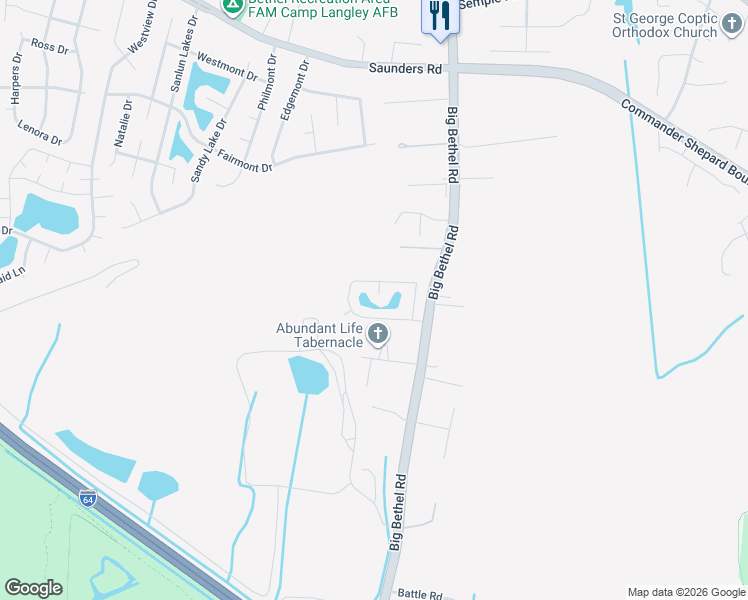 map of restaurants, bars, coffee shops, grocery stores, and more near 6 Longleaf Court in Hampton