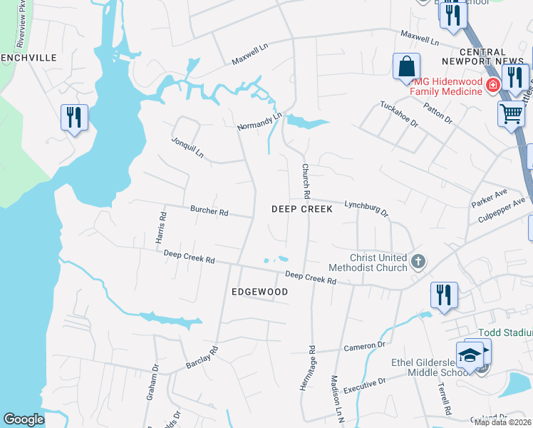 map of restaurants, bars, coffee shops, grocery stores, and more near 201 Granville Drive in Newport News