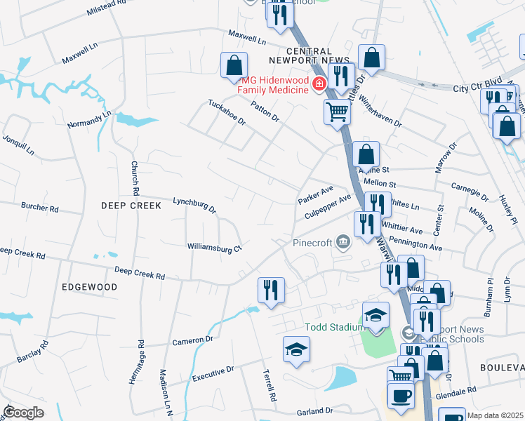 map of restaurants, bars, coffee shops, grocery stores, and more near 6 Ferndale Drive in Newport News