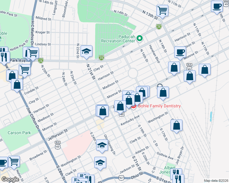 map of restaurants, bars, coffee shops, grocery stores, and more near 1923 Monroe Street in Paducah