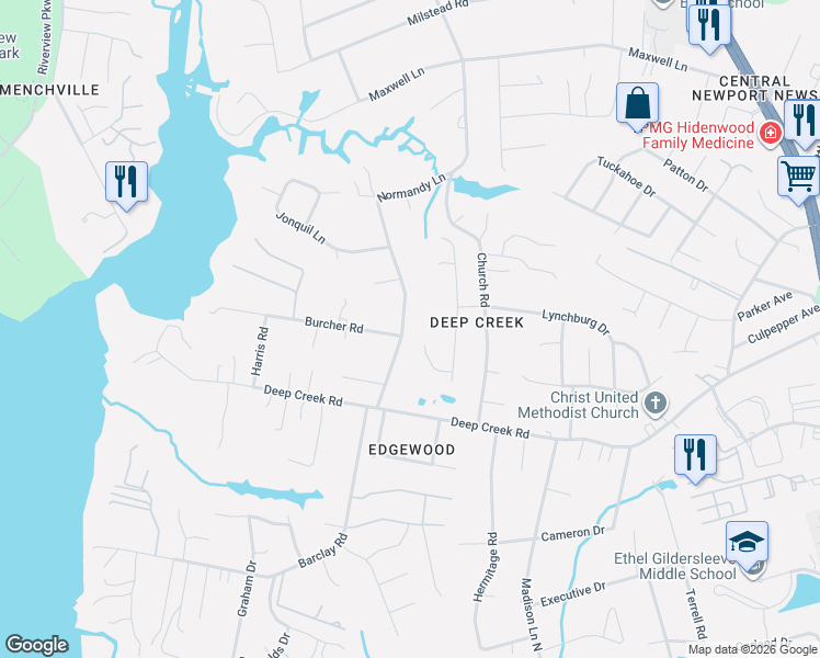 map of restaurants, bars, coffee shops, grocery stores, and more near 201 Granville Drive in Newport News