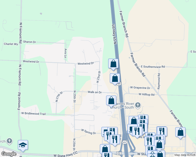 map of restaurants, bars, coffee shops, grocery stores, and more near 2301 Estes Drive in Ozark
