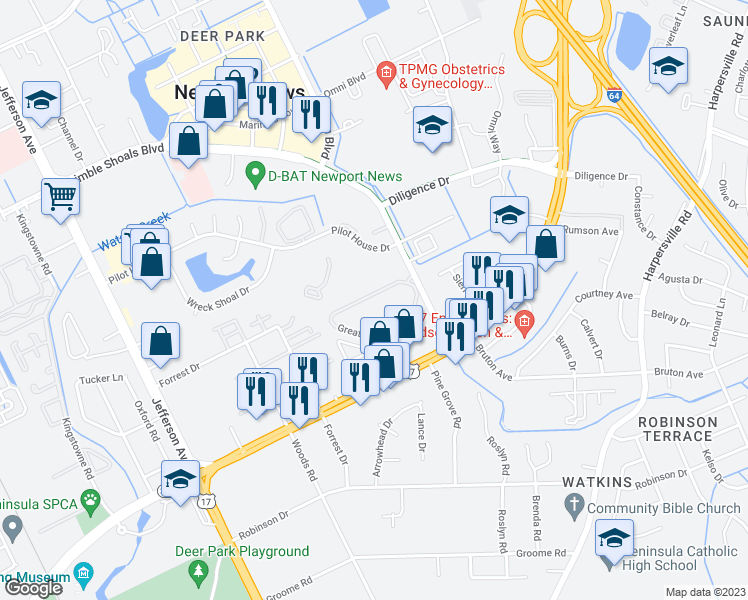 map of restaurants, bars, coffee shops, grocery stores, and more near 1 Great Oak Circle in Newport News