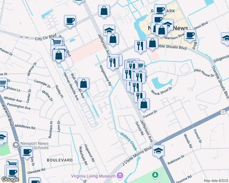 map of restaurants, bars, coffee shops, grocery stores, and more near 145 Candlewood Way in Newport News
