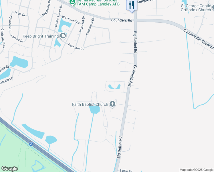 map of restaurants, bars, coffee shops, grocery stores, and more near 4 Longleaf Court in Hampton