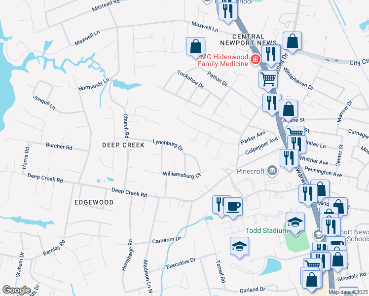 map of restaurants, bars, coffee shops, grocery stores, and more near 337 Lynchburg Drive in Newport News
