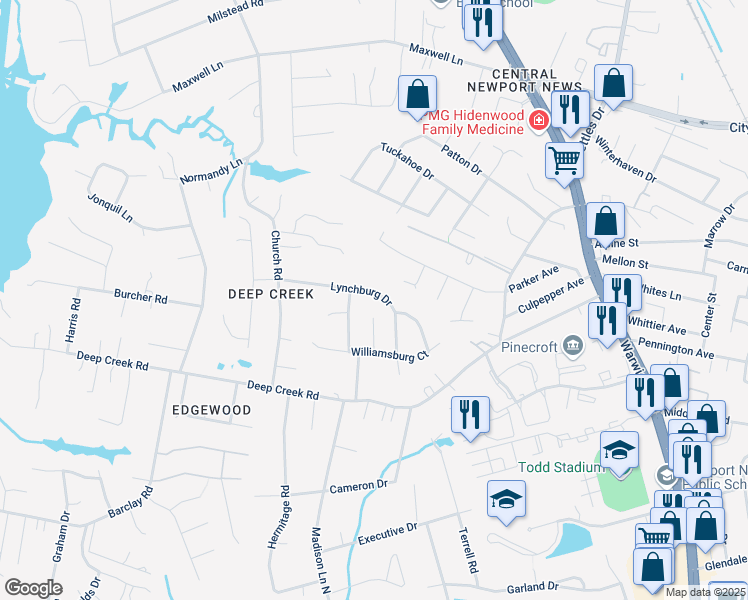 map of restaurants, bars, coffee shops, grocery stores, and more near 326 Lynchburg Drive in Newport News