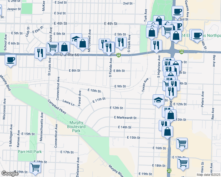 map of restaurants, bars, coffee shops, grocery stores, and more near 942-964 Florida Avenue in Joplin