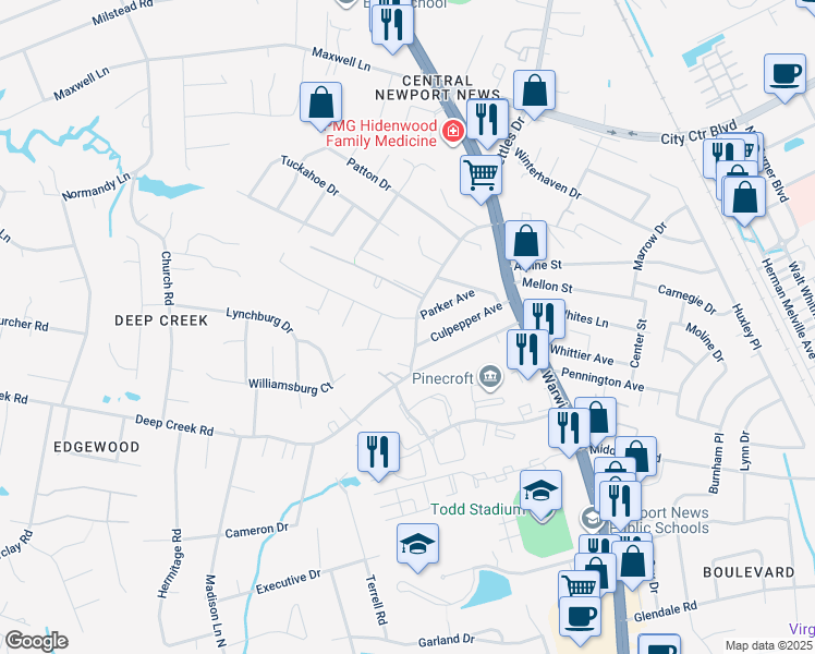 map of restaurants, bars, coffee shops, grocery stores, and more near 204 Turlington Road in Newport News