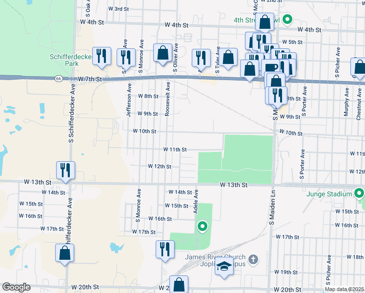 map of restaurants, bars, coffee shops, grocery stores, and more near 1931 West 11th Street in Joplin