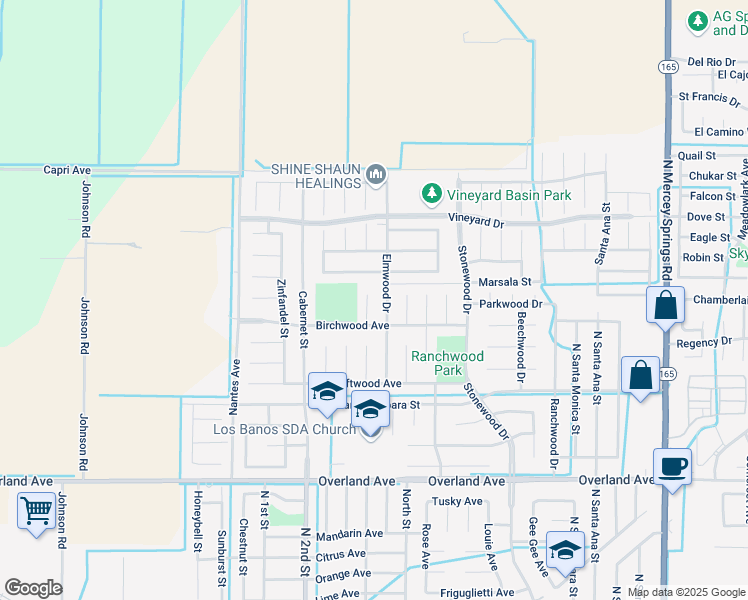 map of restaurants, bars, coffee shops, grocery stores, and more near 556 Windwood Court in Los Banos
