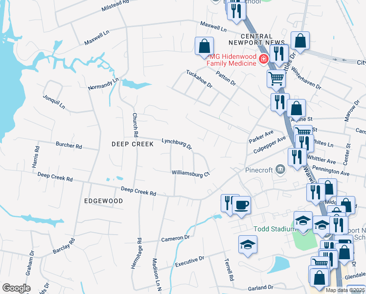 map of restaurants, bars, coffee shops, grocery stores, and more near 326 Lynchburg Drive in Newport News
