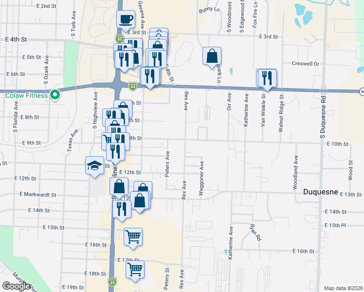 map of restaurants, bars, coffee shops, grocery stores, and more near 1002 Rex Avenue in Joplin
