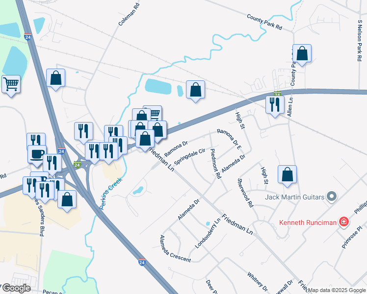 map of restaurants, bars, coffee shops, grocery stores, and more near 3738 Ramona Drive in Paducah