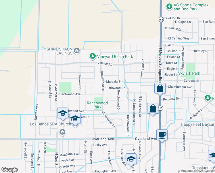 map of restaurants, bars, coffee shops, grocery stores, and more near 565 Rosewood Court in Los Banos