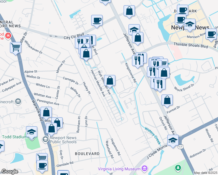 map of restaurants, bars, coffee shops, grocery stores, and more near 308 Walt Whitman Avenue in Newport News