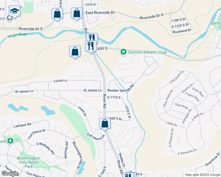 map of restaurants, bars, coffee shops, grocery stores, and more near 1659 South Cobblestone Lane in St. George