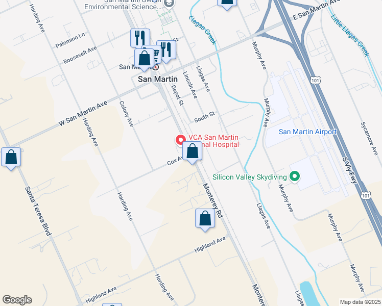 map of restaurants, bars, coffee shops, grocery stores, and more near Monterey Highway & Cox Avenue in San Martin