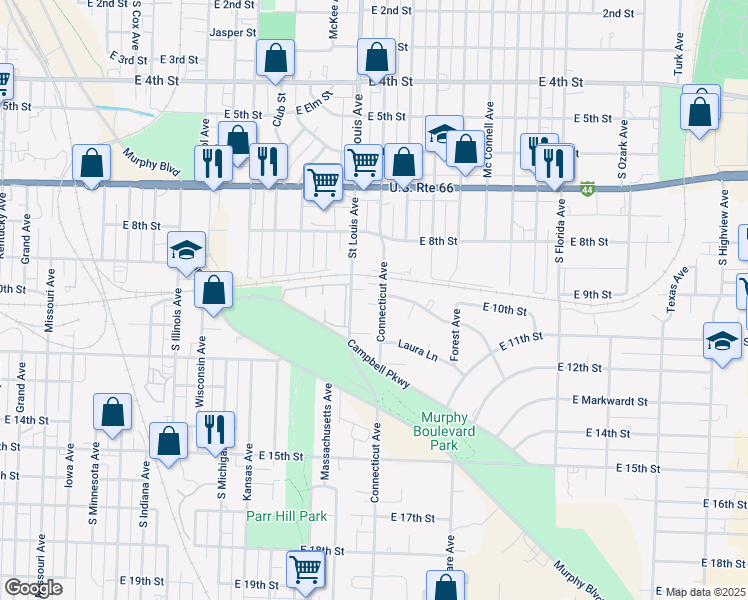 map of restaurants, bars, coffee shops, grocery stores, and more near 1002 Connecticut Avenue in Joplin